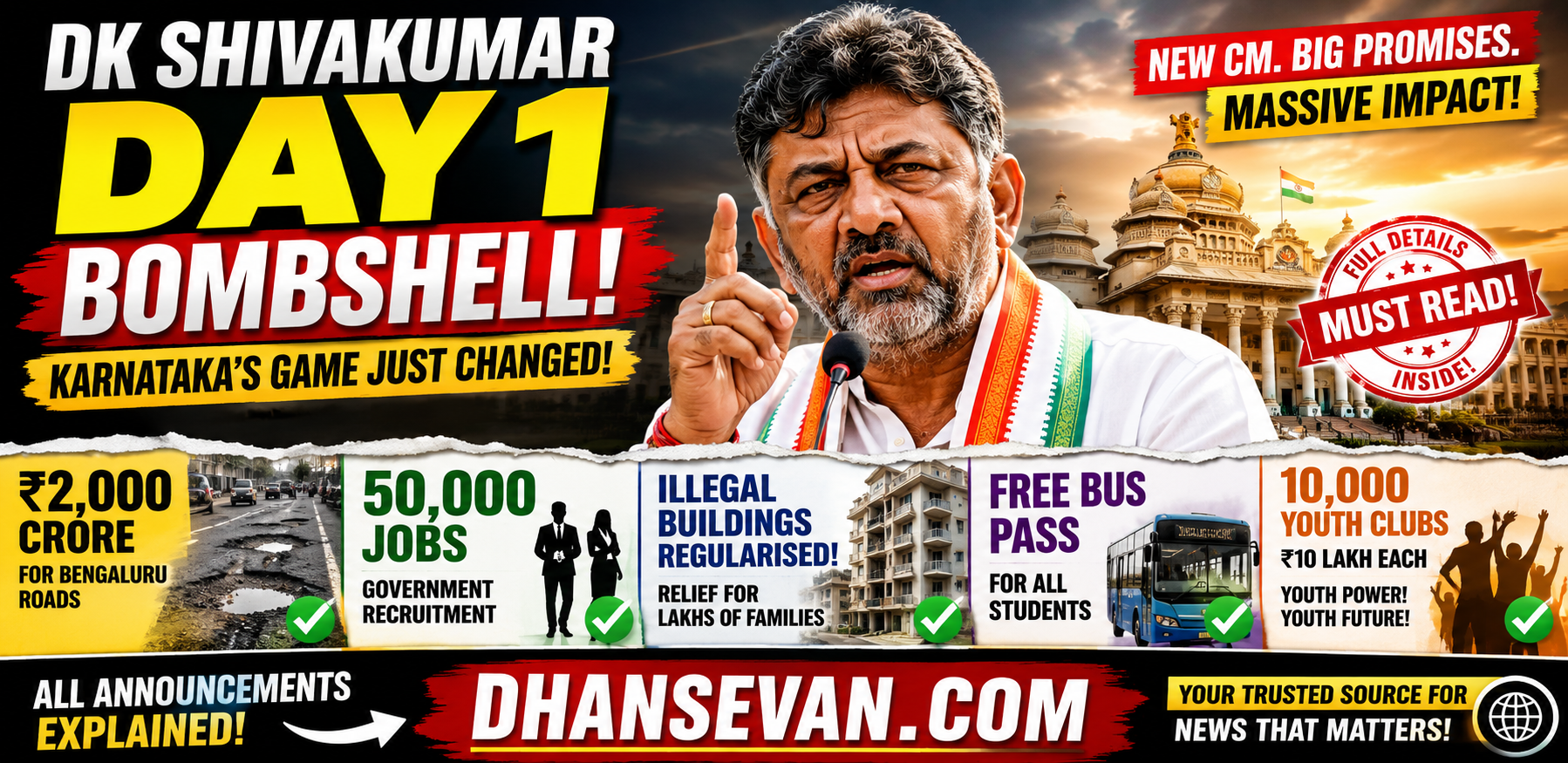 DK Shivakumar's Day 1 Bombshell: ₹2,000 Crore for Bengaluru Roads, 50,000 Jobs, Illegal Buildings Regularised, Free Bus Pass for Students